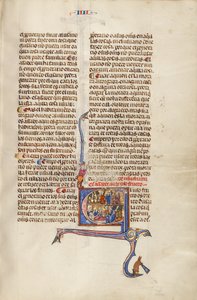 Initial E: Een man met kinderen voor een rechter en een oude man in zijn ziekbed die een andere man dicteert door Unknown artist