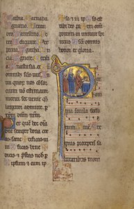 Beginletter P: Een priester en twee diakens voor een altaar door Unknown artist