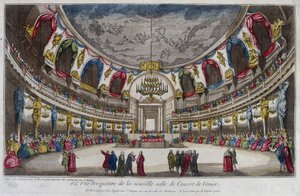 Interieur van een concertzaal in Venetië. Gravure uit de 18e eeuw.