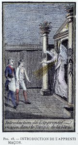 Introductie van de leerling metselaar - uit een gravure uit de "Kostbare Collectie van de Adonhiramite Metselarij" door een ridder van alle vrijmetselaarsorden