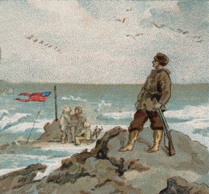 Isaac Israel Hayes (1832-1881) met de Amerikaanse vlag aan de kust van de poolzee. Chromo uit het einde van de 19e eeuw. door Unknown artist