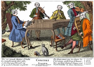 Italiaans concert (barokmuziek) met 1. Scarlatti (klavecimbel) - 2. Giuseppe Tartini (viool) - 3. Padre Martini (fluit) - 4. Locatelli (viool) - 5. Lanzetti (altviool) - 6. Zingende kat. Gravure uit de 18e eeuw