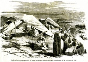 Joden uit Marokko die hun toevlucht zoeken in Algesiras in Spanje in het midden van de 19e eeuw (gravure)