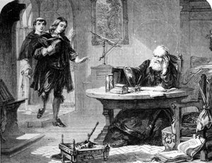 John Milton, Engelse dichter en essayist (1608 - 1674) bezocht Galileo Galilei (Galileo) (1564 - 1642) in zijn cel van de Inquisitie van Florence. Gravure. Circa 1860 door Unknown artist