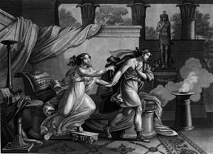 Jozef vlucht voor de vrouw van Potifar die hem probeert te verleiden. Lithografie uit de 19e eeuw