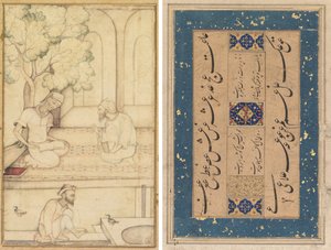 Kabir en Twee Volgelingen op een Terras (recto); Calligrafie (verso)