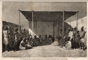 Koning Ahmadou die een raad of palabre van het Toucouleur-rijk voorzit in Segou Sikoro (Mali), de wijzen zitten en de krijgers staan, de koning houdt een moslimrozenkrans in zijn handen. Gravure ter illustratie van de reis naar West-Soedan van luitenant (m door Unknown artist