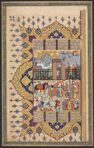 Koning Luhrasp Beklimt de Troon: een Processie Arriveert aan het Hof, recto van het linker folio van een dubbelbladige compositie uit een Shahnama (Boek der Koningen) van Firdausi (940-1019 of 1025) door Unknown artist