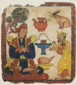 Koning Mangkur gevoed door koningin Devika, uit een set inwijdingskaarten (Tsakali) door Unknown artist