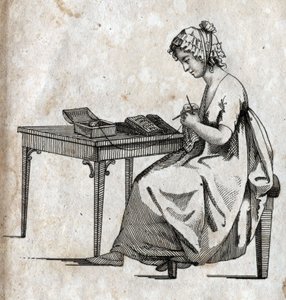 Breimachine: vrouw bezig met het breien van wol. Gravure eind 18e eeuw. Privécollectie. door Unknown artist
