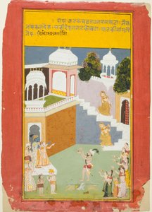 Krishna kijkt naar een jongleur, uit een kopie van de Zevenhonderd Verzen (Sat Sai) van Bihari door Unknown artist