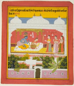 Krishna en Radha in een Paviljoen, uit een kopie van de Zevenhonderd Verzen (Sat Sai) van Bihari door Unknown artist