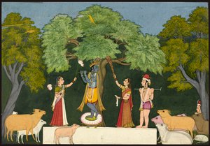 Krishna vermaakt zijn metgezellen