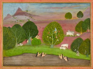 Krishna steelt de kleren van de gopis, folio uit een Bhagavata Purana