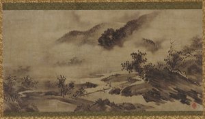 Landschap: bergen, mist en stroom door Unknown artist