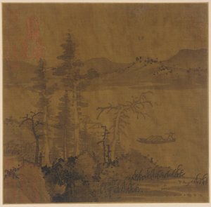 Landschap: rivier en boot, hoge bomen en verre heuvels door Unknown artist