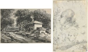 Landschap met Huisje (recto); Studies van Hoofden (verso) door Unknown artist