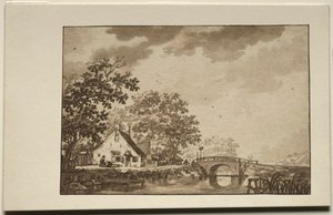 Landschap met huisje en brug door Unknown artist