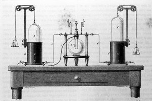 Lavoisier en Laplace-apparaat voor de vorming van water door middel van zuurstof- en waterstofgassen die branden in een glazen fles (19e-eeuwse gravure) door Unknown artist