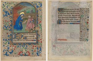 Blad uit een getijdenboek: De Geboorte (recto) en Tekst (verso)