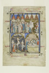 Blad uit een voorstellingencyclus: Christus draagt het kruis, De kruisiging, De kruisafneming en de graflegging