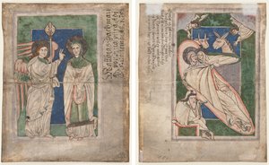 Blad uit een Psalter(?): Annunciatie (recto); Geboorte (verso)