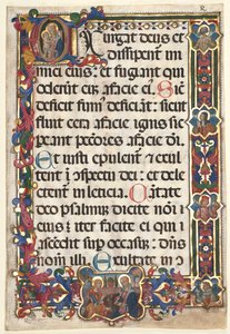 Blad uit een Psalter met Volledige Rand met Medaillons (Aankondiging, SS. Hiëronymus, Clara, Sebastiaan en Bernardinus) en Geïllustreerde Initiaal (E): Maagd en Kind