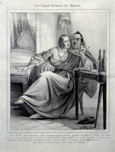 Les grands hommes en chemise Representatie van de schrijver Honore de Balzac (1799-1850) die een jonge vrouw omhelst terwijl hij een sigaret rookt. Illustratie van E. Allet (19e eeuw) Parijs, Maison Balzac door Unknown artist