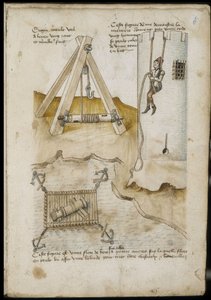 Hefboom machine en systeem voor het beklimmen van een toren met een touw - Manuscript: perkamentblad van een ingenieurshandboek voor de bouw van civiele, religieuze en militaire gebouwen, anoniem, laat 15e eeuw (figuur in Chinese inkt) door Unknown artist