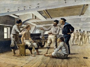 Leven aan boord van een Frans oorlogsschip: de scheepskapper scheert de matrozen, ca. 1800