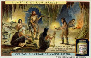 Licht en lichtarmaturen: de kleilamp van grotbewoners tijdens de prehistorie. Illustratie op Liebig-verpakkingen. door Unknown artist