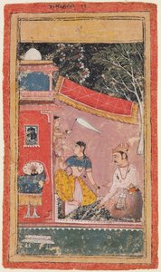 Liefhebbers op een terras: Ramakali Ragini van Hindol, uit een Bundi Ragamala door Unknown artist
