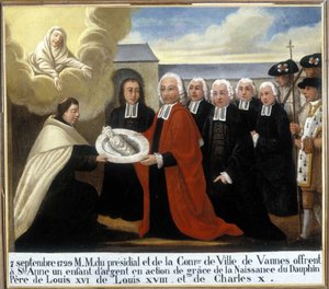 MM du Presidial en de Gemeente van Vannes bieden Sint-Anne een zilveren kind aan als dank voor de geboorte van de dolfijn Louis de France
