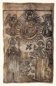 Madonna en kind met drie leden van de Sint-Augustinusorde: Heiligen Augustinus, Nicolaas en Clara