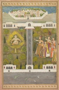 Mahliqa, Dochter van de Keizer van China, Wijst naar de Vogelman Khwaja Mubarak: Een Blad uit een Poëtische Roman over Shah Alam I (verso); Gesjabloneerde Scènes van Leeuw en Gazelle (verso) door Unknown artist
