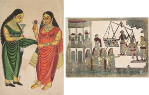 Dienstmeid Brengt een Waterpijp naar een Dame (recto); Krishna Gewogen tegen Kostbare Voorwerpen (?) (verso) door Unknown artist