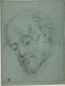 Mannelijk hoofd naar beneden kijkend door Unknown artist