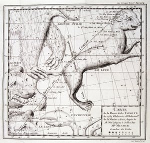 Kaart van de komeetweg van 1762 en kaart van de hemel, waargenomen door Messier - gravure door Unknown artist