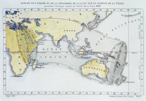 Kaart, gepubliceerd door het Bureau van Lengtegraden, die de mars van de schaduw en duisternis van de Maan op het aardoppervlak tijdens de zonsverduistering van 1868 toont