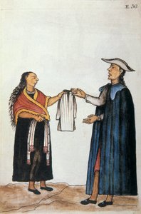 Huwelijksregeling tussen indianen, onderhandeling over de uitzet van de bruid, uit het boek "Trujillo del Peru" of "Códice Martínez Compañón", door Baltazar Martinez Compañón y Bujanda, bisschop van Trujillo (1782-1785) door Unknown artist