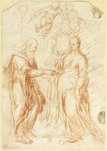 Huwelijk van de Maagd (recto); Schetsen van de onderste helft van het gezicht in profiel (verso)