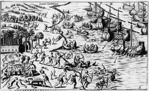 Ontmoeting tussen de mensen van Christoffel Columbus en de Kannibalen - in 