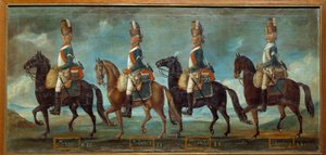 Militaire uniformen van draken volgens het bevel van 1779: regimenten van Lanan, Belsunce, Languedoc, Schomberg door Unknown artist