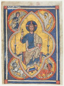 Miniatuur uitgesneden uit een psalter: Christus in majesteit met symbolen van de vier evangelisten