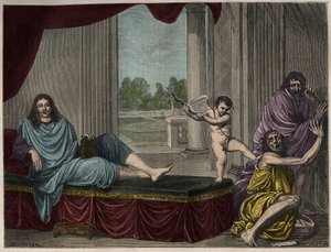 Molière Jean Baptiste Poquelin (1622-1673) roept de Geest van de komedie op om ondeugd neer te slaan en hypocrisie te ontmaskeren - Gravure naar een schilderij dat verdween in de 17e eeuw door Unknown artist