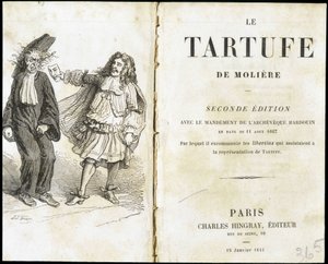 Molière die een geestelijke bang maakt met een theatermasker - Frontispice van “Tartuffe” (Tartufe) van Molière, ed. Hingray, Parijs door Unknown artist