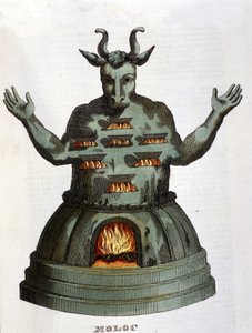 Moloch. Oude Carthaagse godheid. We offerden de kinderen aan hem door ze in de vlammen te werpen. Gravure uit de 19e eeuw door Unknown artist