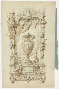 Monumentale vaas in ornamentlijst (recto); schets van staande man met parasol en papegaai, en architectuurstudies (verso) door Unknown artist