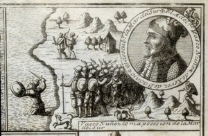 Vasco Nunez de Balboa neemt bezit van de Zuidzee. Gravure, 1728. door Unknown artist