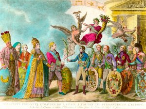Napoleon Bonaparte presenteert de olijfboom van vrede aan alle machten van Europa. Gravure 1801